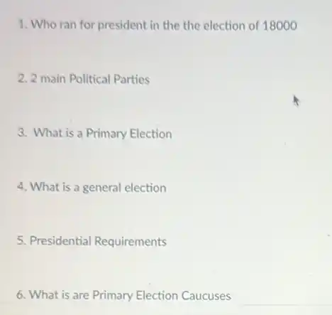 1. Who ran for president in the the election of 18000
2. 2 main Political Parties
3. What is a Primary Election
4. What is a general election
5. Presidential Requirements
6. What is are Primary Election Caucuses
