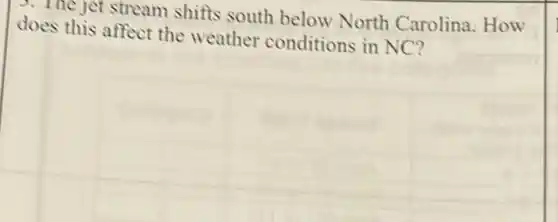 3. The jet stream shitts south below North Carolina How
does this affect the weather conditions in NC?