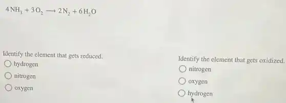 4NH_(3)+3O_(2)arrow 2N_(2)+6H_(2)O
Identify the element that gets reduced.
hydrogen
nitrogen
oxygen
Identify the element that gets oxidized.
nitrogen
oxygen
hydrogen