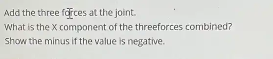 Add the three forces at the joint.
What is the X component of the threeforces combined?
Show the minus if the value is negative.