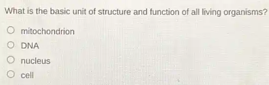 What is the basic unit of structure and function of all living organisms?
mitochondrion
DNA
nucleus
cell