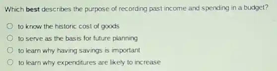 Which best describes the purpose of recording past income and spending in a budget?
to know the historic cost of goods
to serve as the basis for future planning
to learn why having savings is important
to learn why expenditures are likely to increase