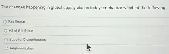 The changes happening in global supply chains today emphasize which of the following:
Resilience
All of the these
Supplier Diversification
Regionalization