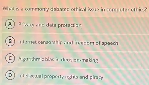 What is a commonly debated ethical issue in computer ethics?
A Privacy and data protection
B Internet censorship and freedom of speech
C Algorithmic bias in decision -making
D Intellectual property rights and piracy
