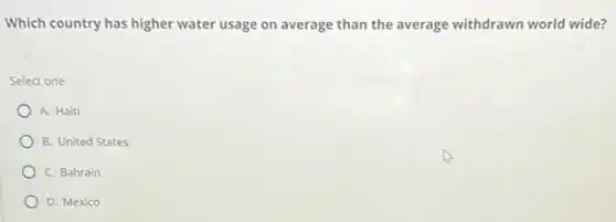 Which country has higher water usage on average than the average withdrawn world wide?
Select one
A. Haiti
B. United States
C. Bahrain
D. Mexico