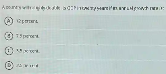 A country will roughly double Its GDP In twenty years if its annual growth rate Is:
A 12 percent.
B 7.5 percent.
C 3.5 percent.
D 2.5 percent.
