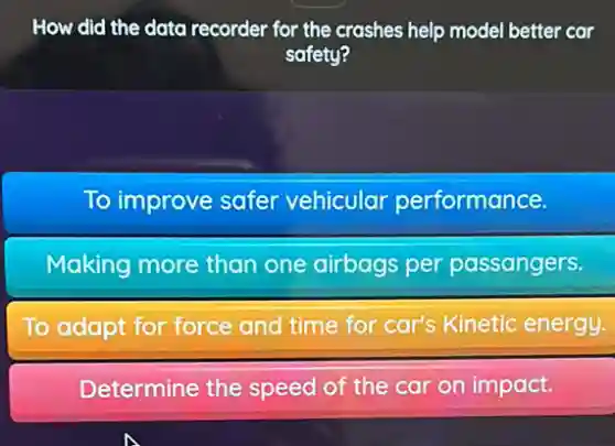 How did the data recorder for the crashes help model better car
safety?
To improve safer vehicular performance.
Making more than one airbags per passangers.
To adapt for force and time for car's Kinetic energy.
Determine the speed of the car on impact.