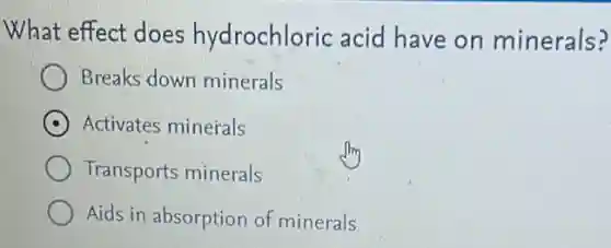 What effect does hydrochloric acid have on minerals?
Breaks down minerals
Activates minerals
Transports minerals
Aids in absorption of minerals