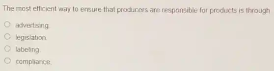 The most efficient way to ensure that producers are responsible for products is through
advertising
legislation.
labeling
compliance.