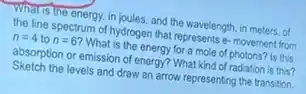 What is the energy in joules, and the wavelength, in meters, of
the line spectrum of hydrogen that represents e-movement from
n=4 to n=6' ? What is the energy for a mole of photons?Is this
absorption or emission of energy? What kind of radiation is this?
Sketch the levels and draw an arrow representing the transition