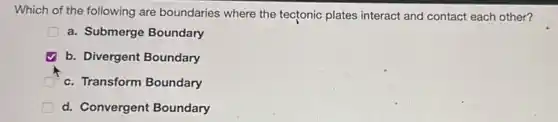 Which of the following are boundaries where the tectonic plates interact and contact each other?
a. Submerge Boundary
b. Divergent Boundary
C c. Transform Boundary
d. Convergent Boundary