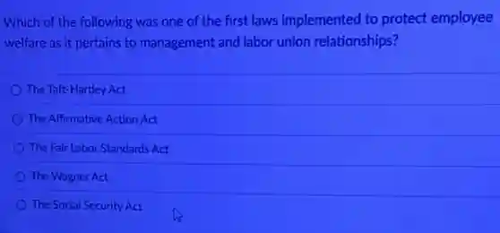 Which of the following was one of the first laws implemented to protect employee
welfare as it pertains to management and labor union relationships?
The Taft-Hartley Act
The Affirmative Action Act
The Fair Labor Standards Act
The Wagner Act
The Social Security Act