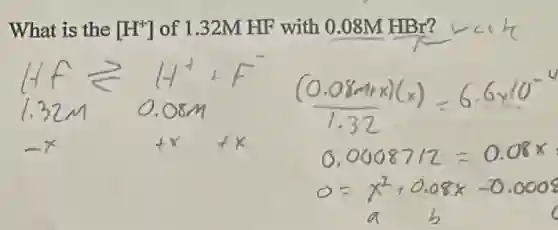 What is the [H^+] of 1.32M HF with 0.08M HBr?