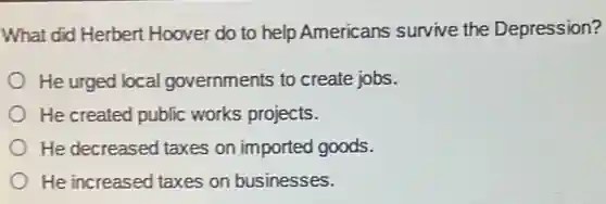 What did Herbert Hoover do to help Americans survive the Depression?
He urged local governments to create jobs.
He created public works projects.
He decreased taxes on imported goods.
He increased taxes on businesses.