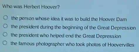 Who was Herbert Hoover?
the person whose idea it was to build the Hoover Dam
the president during the beginning of the Great Depression
the president who helped end the Great Depression
the famous photographer who took photos of Hoovervilles