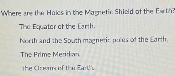 Where are the Holes in the Magnetic Shield of the Earth?
The Equator of the Earth.
North and the South magnetic poles of the Earth.
The Prime Meridian.
The Oceans of the Earth.