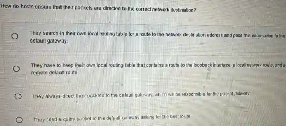 How do hosts ensure that their packets are directed to the correct network destination?
They search in their own local routing table for a route to the network destination address and pass this information to the
default gateway.
They have to keep their own local routing table that contains a route to the loopback interface, a local network route, and a
remote default route
They always direct their packets to the default gateway, which will be responsible for the packet delivery.
They send a query packet to the default gateway asking for the best route