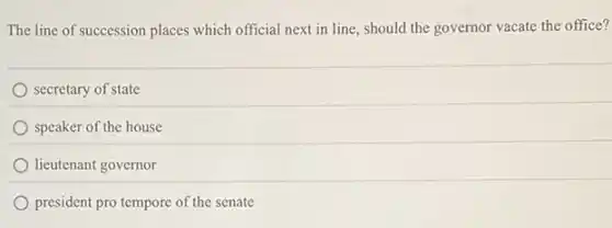 The line of succession places which official next in line, should the governor vacate the office?
secretary of state
speaker of the house
lieutenant governor
president pro tempore of the senate