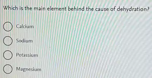 Which is the main element behind the cause of dehydration?
Calcium
Sodium
Potassium
Magnesium