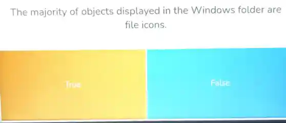 The majority of objects displayed in the Windows folder are
file icons.
True
False