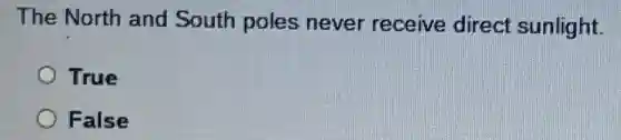The North and South poles never receive direct sunlight.
True
False