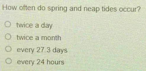 How often do spring and neap tides occur?
twice a day
twice a month
every 27.3 days
every 24 hours