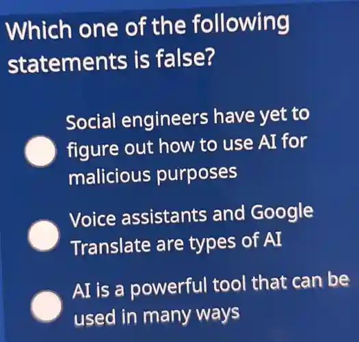 Which one of the following
statements is false?
Social engineers have yet to
figure out how to use AI for
malicious purposes
Voice assistants and Google
Translate are types of AI
AI is a powerful tool that can be
used in many ways