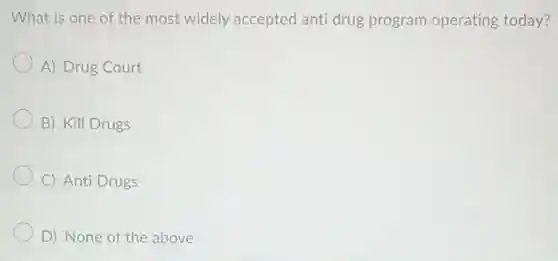 What is one of the most widely accepted anti drug program operating today?
A) Drug Court
B) Kill Drugs
C) Anti Drugs
D) None of the above