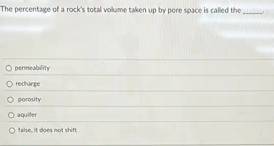 The percentage of a rock's total volume taken up by pore space is called the __
permeability
recharge
porosity
aquifer
false, it does not shift
