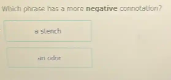 Which phrase has a more negative connotation?
a stench
an odor