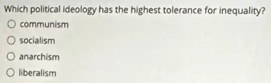 Which political ideology has the highest tolerance for inequality?
communism
socialism
anarchism
liberalism