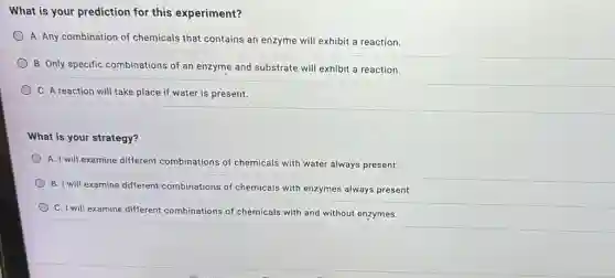What is your prediction for this experiment?
A. Any combination of chemicals that contains an enzyme will exhibit a reaction.
B. Only specific combinations of an enzyme and substrate will exhibit a reaction.
C. A reaction will take place if water is present.
What is your strategy?
A. I will examine different combinations of chemicals with water always present.
B. I will examine different combinations of chemicals with enzymes always present.
C. I will examine different combinations of chemicals with and without enzymes.