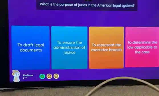 What is the purpose of juries in the American legal system?
To draft legal
documents
To ensure the
administration of
justice
To represent the
executive branch
To determine the
law applicable to
the case