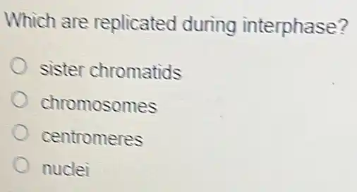 Which are replicated during interphase?
sister chromatids
chromosomes
centromeres
nuclei