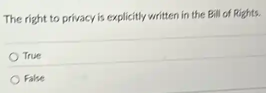 The right to privacy is explicitly written in the Bill of Rights.
True
False