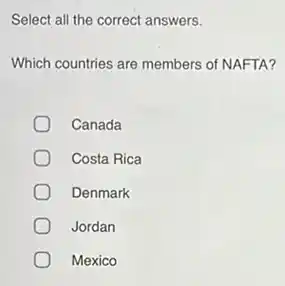 Select all the correct answers.
Which countries are members of NAFTA?
Canada
Costa Rica
Denmark
Jordan
Mexico