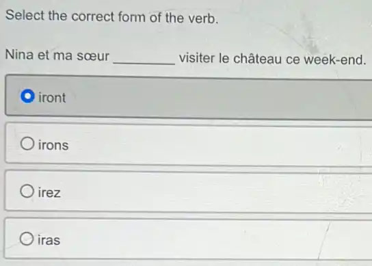 Select the correct form of the verb.
Nina et ma sceur __ visiter le château ce week-end.
iront
irons
irez
iras