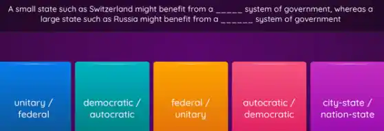 A small state such as Switzerland might benefit from a __ system of government, whereas a
large state such as Russia might benefit from a __ system of government
unitary
federal
democratic
autocratic
federal
unitary
autocratic
democratic
city-state
nation-state