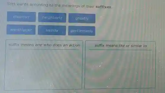 Sort words according to the meanings of their suffixes.
charmer
neighborly
ghostly
worshipper
saintly
gentlemanly
suffix means one who does an action
square