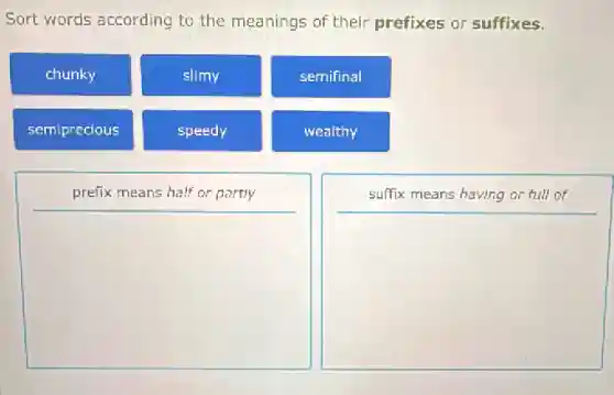 Sort words according to the meanings of their prefixes or suffixes.
chunky
slimy
semifinal
semiprecious
speedy
wealthy
prefix means half or partly
suffix means having or full of
square 
square
