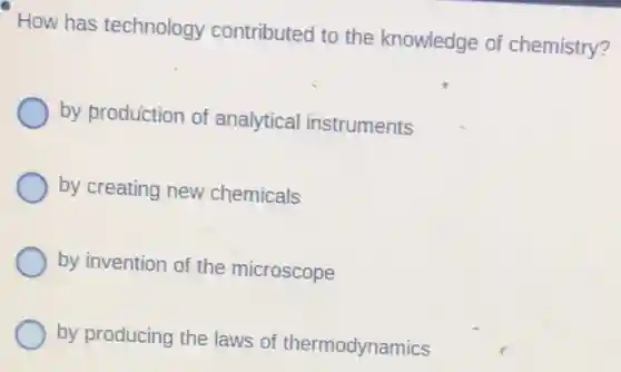 How has technology contributed to the knowledge of chemistry?
by production of analytical instruments
by creating new chemicals
by invention of the microscope
by producing the laws of thermodynamics