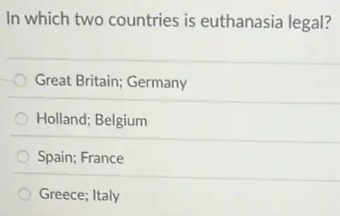 In which two countries is euthanasia legal?
Great Britain; Germany
Holland; Belgium
Spain; France
Greece; Italy