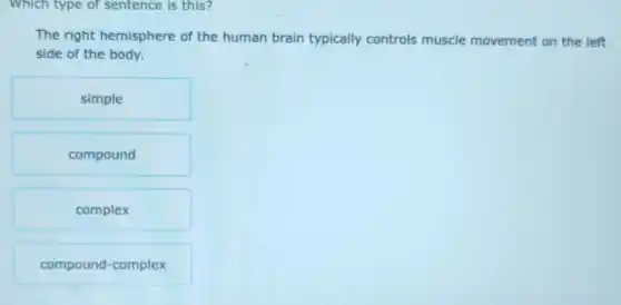 Which type of sentence is this?
The right hemisphere of the human brain typically controls muscle movement on the left
side of the body.
simple
compound
complex
compound-complex
