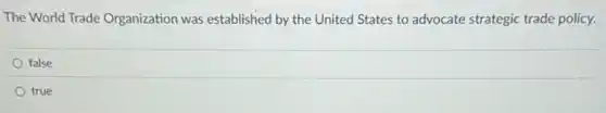 The World Trade Organization was established by the United States to advocate strategic trade policy.
false
true