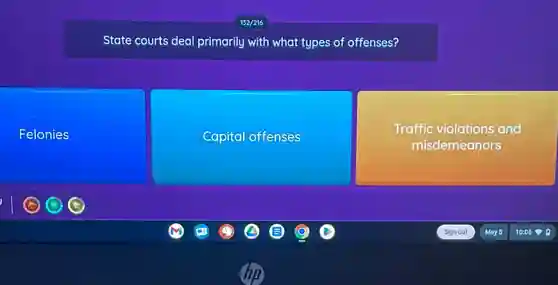 132/216
State courts deal primarily with what types of offenses?
Felonies
Capital offenses
Traffic violations and
misdemeanors