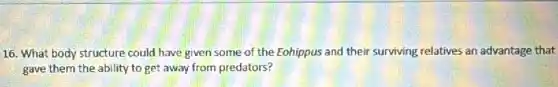 16. What body structure could have given some of the Eohippus and their surviving relatives an advantage that
gave them the ability to get away from predators?
