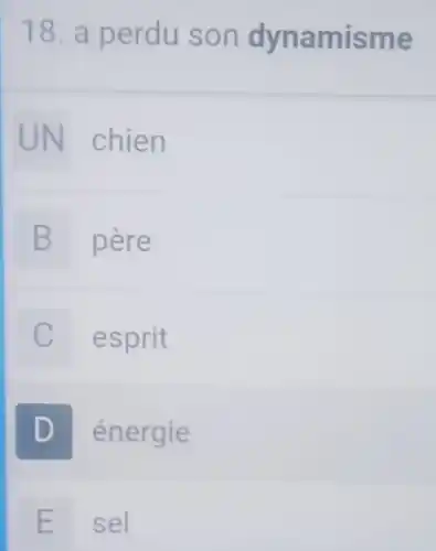 18. a perdu son dynamisme
UN chien
B père
C esprit
D énergie
E sel