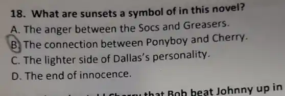 18. What are sunsets a symbol of in this novel?
A. The anger between the Socs and Greasers.
B) The connection between Ponyboy and Cherry.
C. The lighter side of Dallas's personality.
D. The end of innocence.