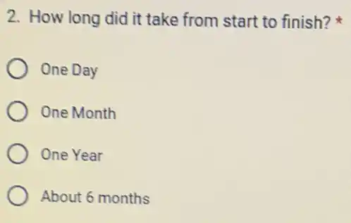 2. How long did it take from start to finish?
One Day
One Month
One Year
About 6 months