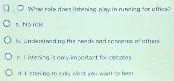 (2) What role does listening play in running for office?
a. No role
b. Understanding the needs and concerns of others
c. Listening is only important for debates
d. Listening to only what you want to hear